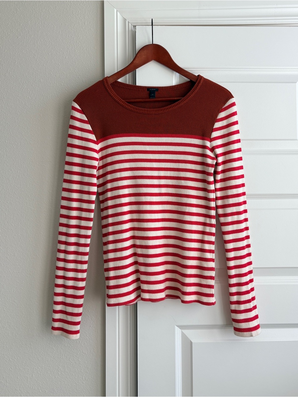 J.Crew 100% Cotton Red Cream Striped Colorblock Sweater M
